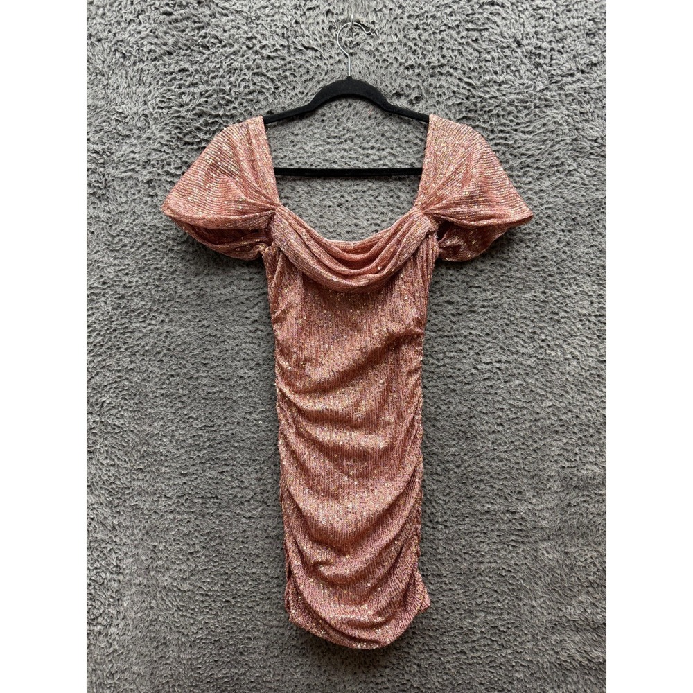 Hello Molly Sequin Ruched Puff Sleeves Bodycon Mini Dress Pink Womens Size 4 US